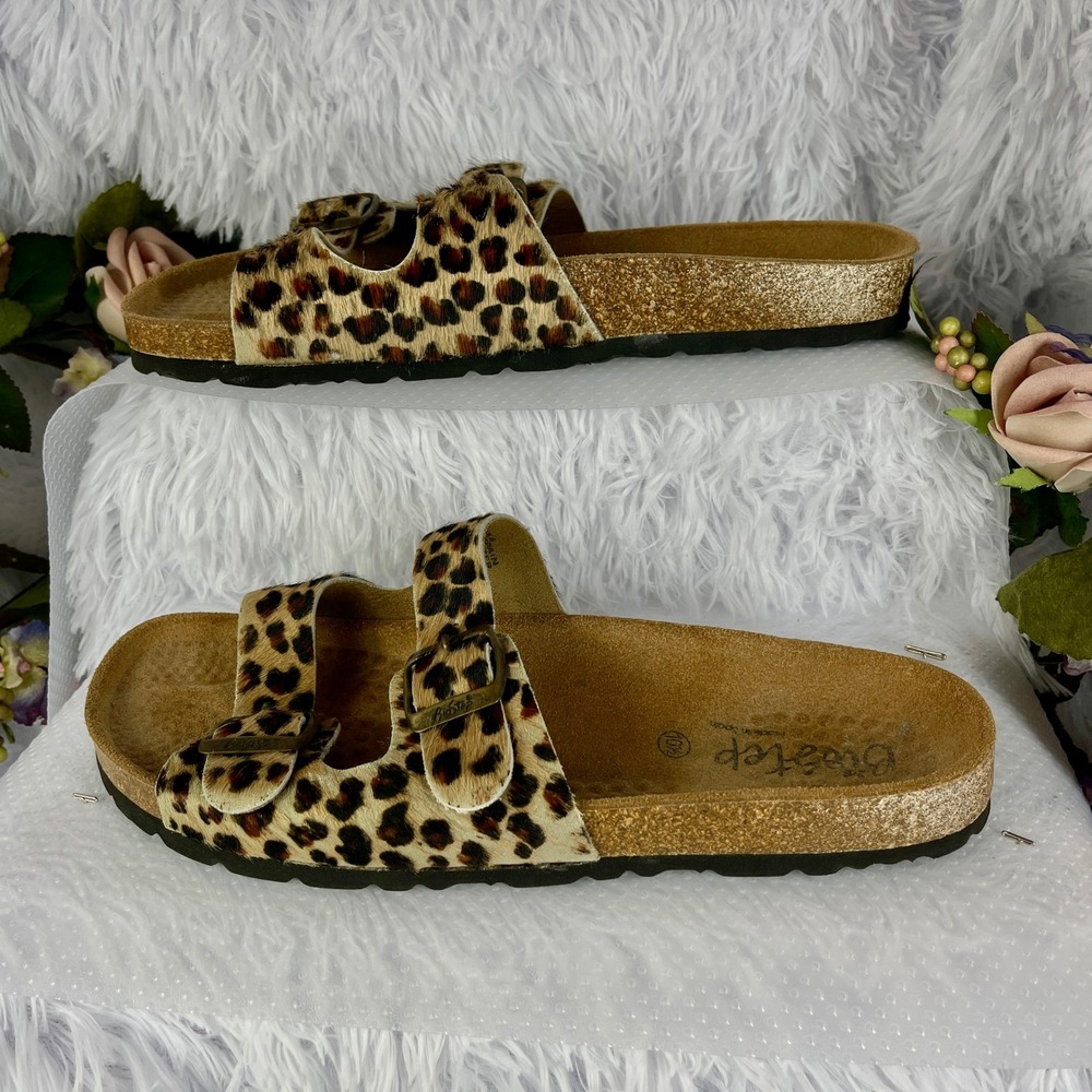 Biostep Slide Sandals Women 10.5 Brown Leopard Calf Hair Double Buckle Glitter
